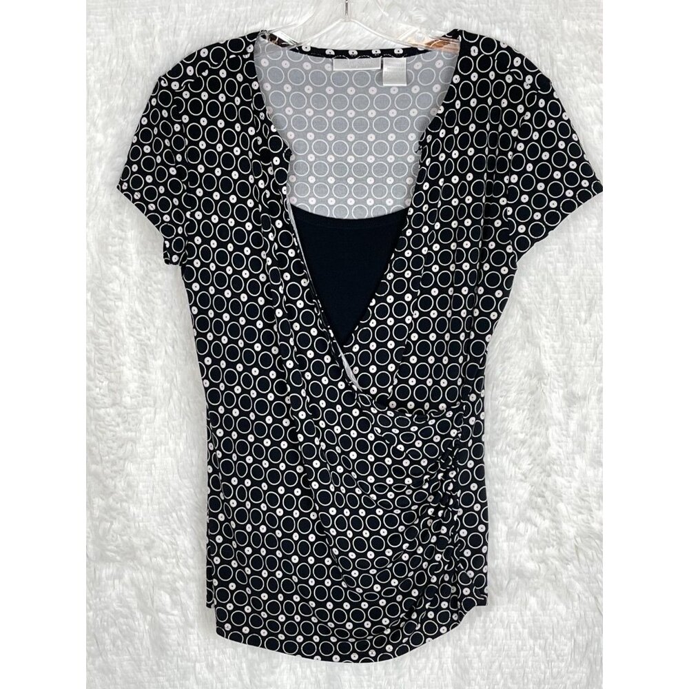 Worthington Stretch Medium Short Sleeve Black White Surplice Top Dots Circles